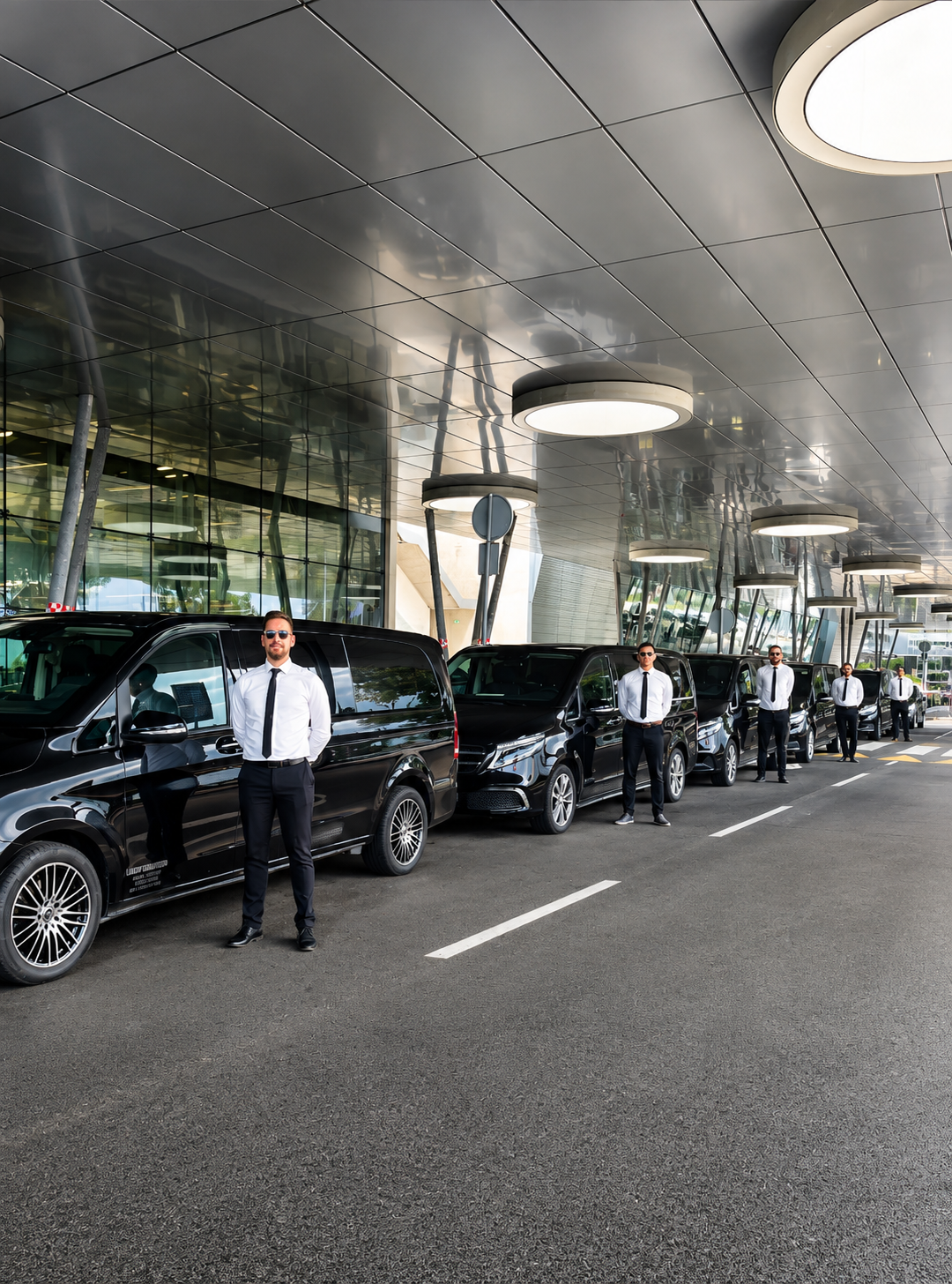 Chauffeurs standing beside a line of black Mercedes-Benz V-Class vans at Dubrovnik Airport, ready for private airport transfers